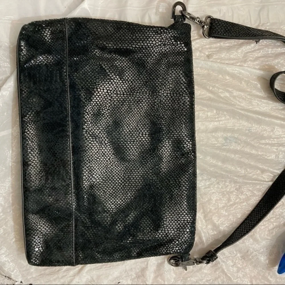 Tory Burch black embossed leather fold over crossbody bag